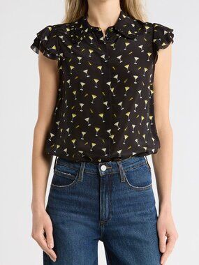 NWT ALICE + OLIVIA Last Call Martini Print Silk Blouse Black Ruffle XS